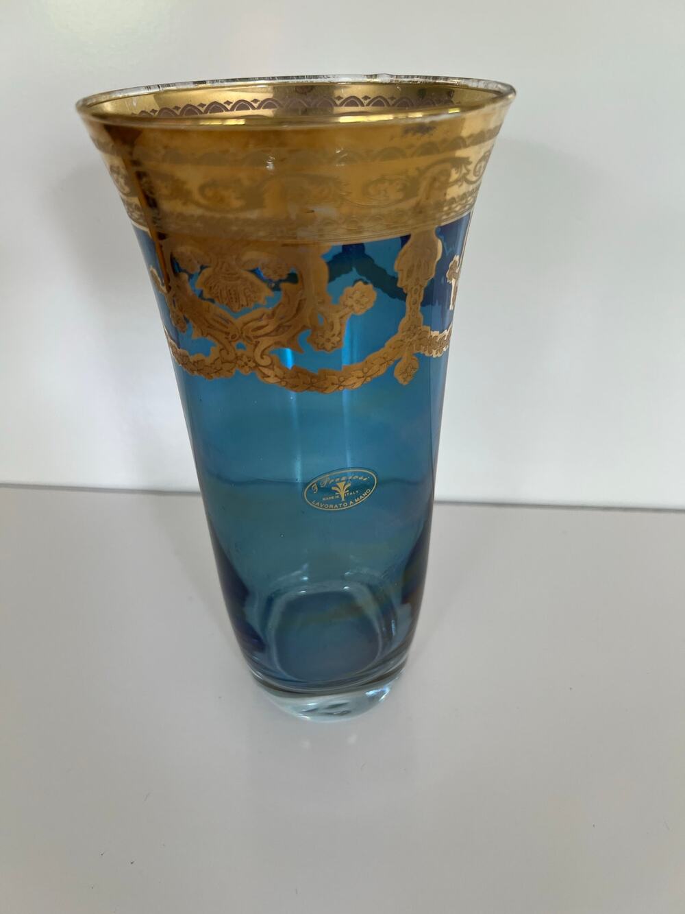 Vintage J Preziosi Lavorato a Mano Italian Blue Glass Vase Gold Overlay JL